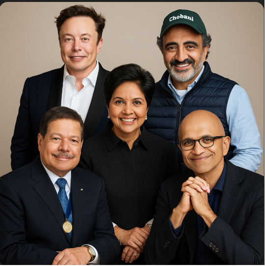 Studio portrait of Elon Musk, Satya Nadella, Indra Nooyi, Hamdi Ulukaya, and Ahmed Zewail smiling together